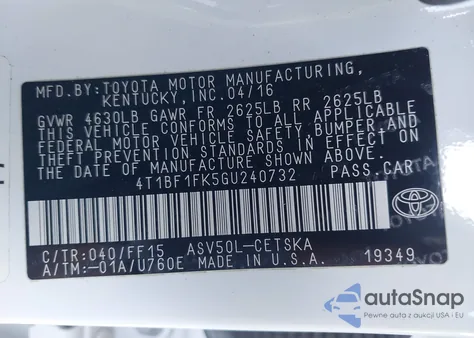 2016 Toyota Camry Se from USA, damaged, VIN 4T1BF1FK5GU240732